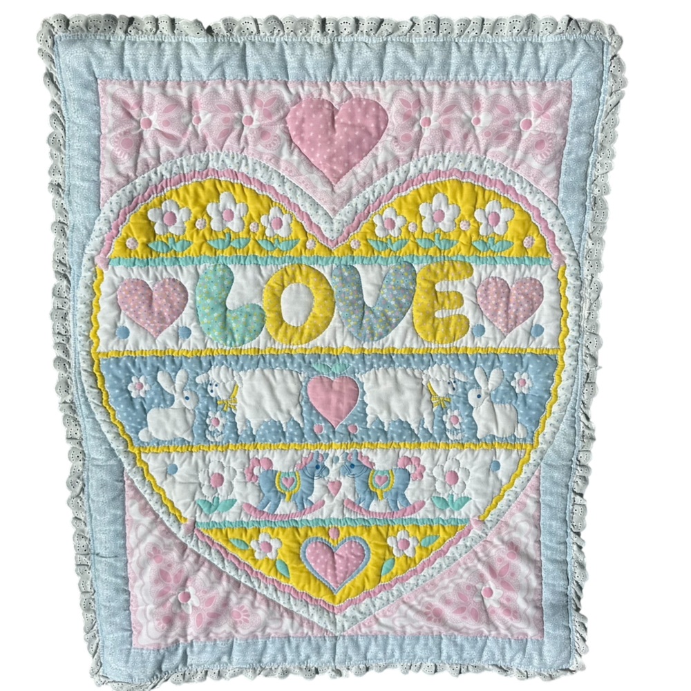 Vintage Colorful Heart Patterned Handmade Quilt